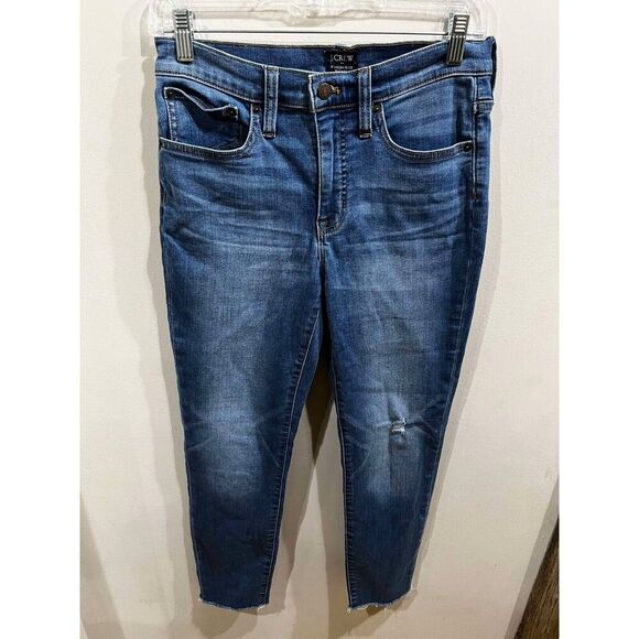 J Crew Women's Jeans Size 26 Blue 9" High Rise Skinny Distressed Whiskered Denim - Picture 1 of 9